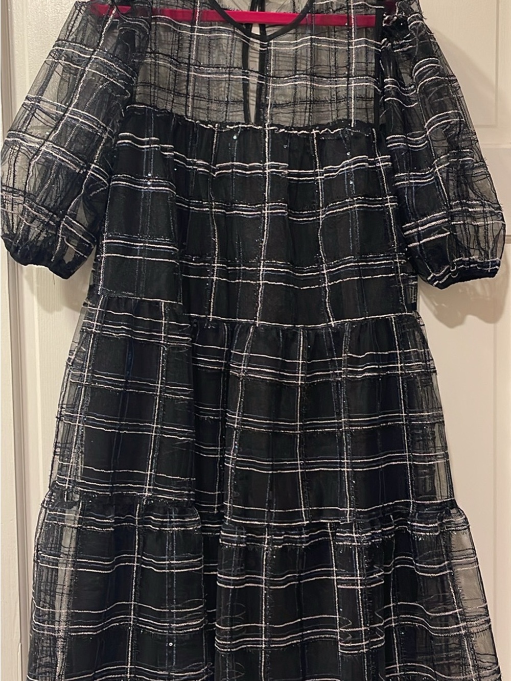 English Factory Black Plaid Tiered Dress with Sheer Overlay